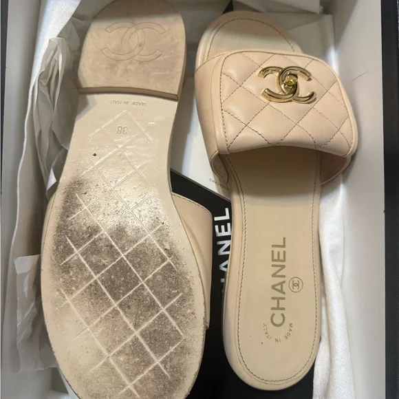 CHANEL Beige Quilted Slide Sandals - Picture 2 of 4